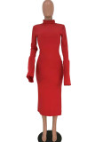 Wine Red Sexy Bell sleeve Long Sleeves Turtleneck Step Skirt Mid-Calf asymmetrical Solid Patchwork