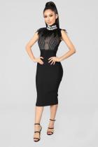 Black Polyester Sexy Fashion Tank Sleeveless O neck Step Skirt Knee-Length lace Patchwork Feather  Club Dr