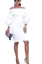 Белое модное платье с открытыми плечами и рукавом-фонариком, длина рукава 3/4, воротник с одним словом, облегающее платье до колен, так