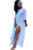ホワイトセクシーファッションキャップスリーブハーフスリーブOネック非対称アンクルレングスクラブドレス