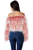 Red Artificial fur One word collar Long Sleeve Solid Long Sleeve Tops