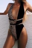 Svart nylon huva Patchwork bandage Leopard Print rygglös vuxen Sexig mode Bikinis Set