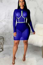 Blue Polyester Sexy Cap Sleeve Long Sleeves O neck Sheath Knee-Length Patchwork perspective 