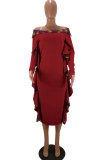 Red Sexy Fashion Off The Shoulder Long Sleeves One word collar A-Line Ankle-Length Patchwork 