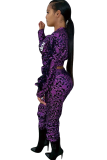 Фиолетовый эластичный комбинезон с длинными рукавами в стиле пэчворк, прямые брюки с принтом в стиле пэчворк, костюм из двух предметов