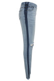 Pantalones de lápiz de mezclilla elásticos de mezclilla sin mangas de agujero alto de lavado sólido azul claro