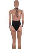 Schwarzer Patchwork-Badeanzug mit rückenfreiem Print und sexy Mode-Einteiler