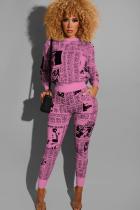 ピンク大人カジュアルファッションプリントパッチワークツーピーススーツペンシル長袖