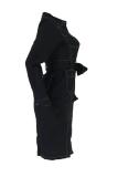 Negro Sexy moda adulto gorra manga larga con muescas recta hasta la rodilla parches lisos ba
