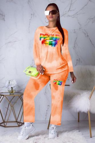 Orange Active Print Straight Long Sleeve Two-piece Pants Set