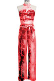 赤のセクシーなファッション パッチワーク プリント バックレス ノースリーブ O ネック