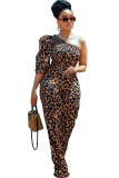 Leopard print street Leopard grain Half Sleeve one shoulder collar Jumpsuits