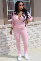 ピンクカジュアル大人のファッションジッパー付きパッチワークツーピーススーツプリント鉛筆長袖ツーピース