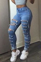 Donkerblauwe modieuze casual jeans met gescheurde hoge taille en hoge taille
