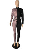 Wine Red Fashion Sexy Patchwork See-through Turtleneck Skinny Jumpsuits