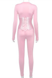 Pink Fashion Casual Solid Basic Zipper Collar Skinny Jumpsuits (mit Bustiers)
