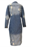Lichtblauw Mode Toevallig Effen Gescheurd Vest Turndown-kraag Denimjassen met lange mouwen