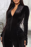 Black Fashion Casual Solid Fold Zipper Collar Regular Jumpsuits