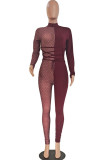 Wine Red Fashion Sexy Patchwork See-through Turtleneck Skinny Jumpsuits