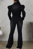 Zwarte casual effen turndown-kraag Regular jumpsuits