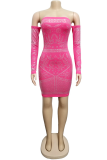 Rose Pink Sexy Hot Drilling Patchwork Bateau Neck Pencil Skirt Dresses