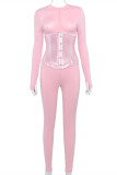 ピンクファッションカジュアルソリッドベーシックジッパーカラースキニージャンプスーツ（ビスチェ付き）