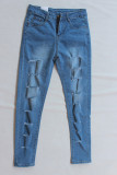 Dark Blue Fashion Casual Solid Ripped High Waist Jeans