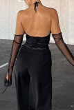 Schwarze Mode Sexy Patchwork Solide durchsichtige rückenfreie Neckholder-Tops