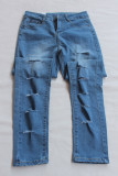 Calça jeans de cintura alta rasgada casual moda azul escuro