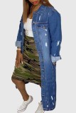 Lichtblauw Mode Toevallig Effen Gescheurd Vest Turndown-kraag Denimjassen met lange mouwen