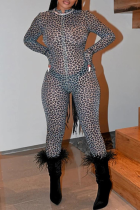 Combinaisons skinny noires sexy léopard patchwork demi-col roulé