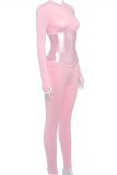 ピンクファッションカジュアルソリッドベーシックジッパーカラースキニージャンプスーツ（ビスチェ付き）