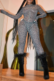 Combinaisons skinny noires sexy léopard patchwork demi-col roulé