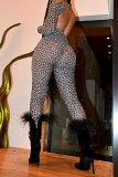 Schwarze, sexy, schmale Jumpsuits mit Leoparden-Patchwork und halbem Rollkragen