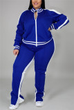 Conjunto de retalhos plus size azul moda casual sportswear com zíper manga longa