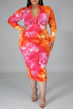 Rose Red Sexy Print Patchwork Zipper Collar Plus Size 