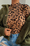 Schwarzes, lässiges Leoparden-Patchwork-Halbrollkragenoberteil