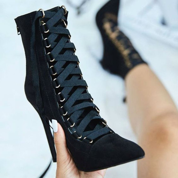 Zwarte mode sexy patchwork effen kleur puntige laarzen met hoge hakken