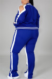 Conjunto de talla grande de manga larga con cuello de cremallera y ropa deportiva casual de moda azul