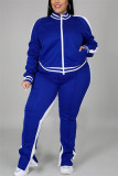 Conjunto de retalhos plus size azul moda casual sportswear com zíper manga longa