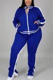 Blaue Mode Lässige Sportbekleidung Reißverschlusskragen Langarm Regular Sleeve Patchwork Plus Size Set