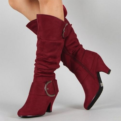 Wine Red Fashion Casual Solid Color Pointed Keep Warm High Boots