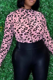 Negro casual leopardo patchwork medio cuello alto tops