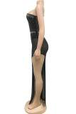 Black Sexy Geometric Patchwork See-through Oblique Collar Dresses