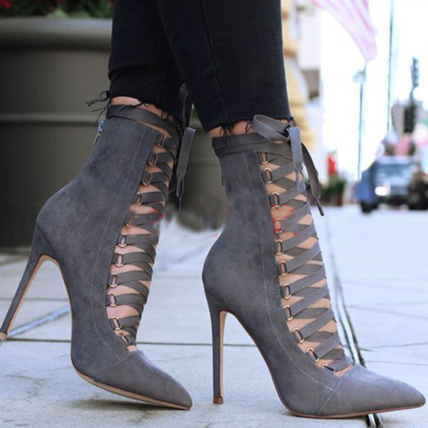Grijze mode sexy patchwork effen kleur puntige laarzen met hoge hakken