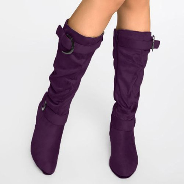 Фиолетовые модные повседневные однотонные теплые высокие сапоги с острым носком