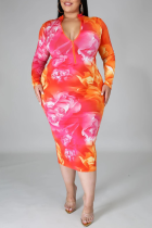 Rose Red Sexigt tryck Patchwork Dragkedja Plus Size