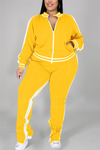 Yellow Fashion Casual Sportswear Zipper Collar Long Sleeve Regular Sleeve Patchwork Plus Size Set