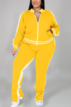 Желтая модная повседневная спортивная одежда с воротником-молнией и длинным рукавом, регулярный рукав, пэчворк, набор больших размеров