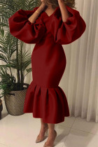 ワインレッドファッションセクシーなソリッドベーシックVネックイブニングドレス